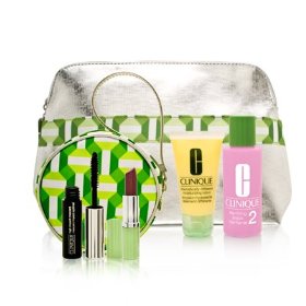 Show details of Clinique Travel Set Silver and Lime Green Bag with Square Mini Tote 7 Piece Set.