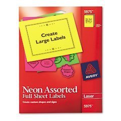 Show details of Avery 5975 Neon laser labels, rectangle, assorted fluorescent colors, 8-1/2 x 11, 15/pack.