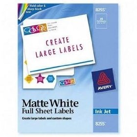 Show details of Avery 8255 Matte white ink jet labels, 8-1/2 x 11, 20 per pack.