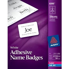 Show details of Avery Adhesive Name Badges, 2.33 x 3.375 inches, White, Pack of 160 (08395).