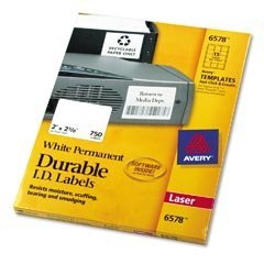 Show details of Avery 6578 Permanent white durable i.d. labels for laser printers, 2 x 2-5/8, 750/pack.