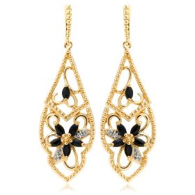 Show details of Yellow Gold Overlay Sterling Silver Sapphire & Diamond Accent Flower Dangle Earrings.