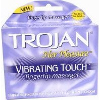 Show details of Trojan Her Pleasure Vibrating Touch Fingertip Massager and Condom.