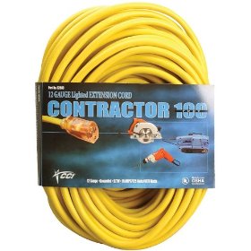 Show details of Coleman Cable 02589 12/3 100-Foot Vinyl Outdoor Extension Cord, Yellow.