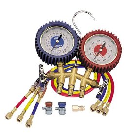 Show details of Mastercool 98772 Dual Brass Manifold Gauge Set.