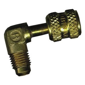 Show details of Robinair 10469A 1/4"" MFL x 3/16"" FF 90 Degree Solid Brass Adapter".