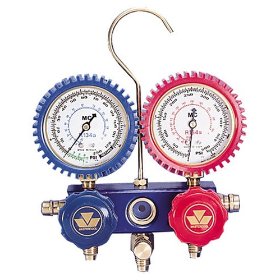 Show details of Mastercool 87772G 2-Way Manifold Gauge Set with 90 degree Snap and Seal Coupler.
