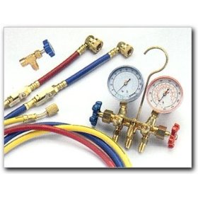 Show details of Technical Chemical R-134a Complete Manifold Gauge Set with Hoses and Professional Dispensing Valve.