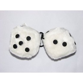 Show details of 3" Fuzzy Dice for Rear View Mirror White with Black Dots.