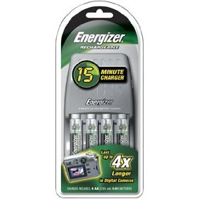 Show details of Energizer 15-Minute Charger & Battery 4-Pack includes 2 "AA" and 2 "AAA" rechargeable batteries.
