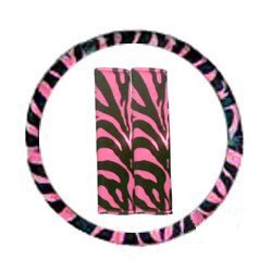 Show details of Pink Zebra Tiger Print Steering Wheel Cover and Seat Belt Pads.