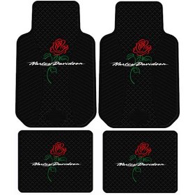 Show details of Harley Davidson Script Logo w/ Rose Flower 4 Pc Floor Mats Set.