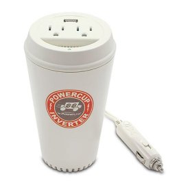Show details of PowerLine 0900-66 200-Watt Coffee Cup Inverter with USB Charging Port and Two Outlets.