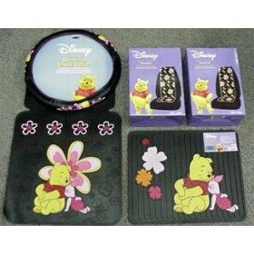 Show details of Winnie the Pooh & Piglet Paradise 7pc Combo Set Front & Rear Floor Mats, Seat Covers & Steering Wheel Cover Plus Bonus License Plate Frame.