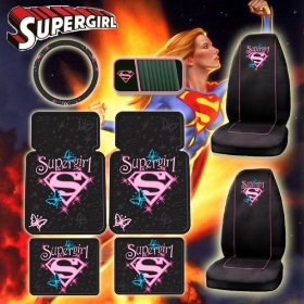 Show details of 8pc Supergirl Car Mats Seat Covers Steering Covers CD Visor Organizer Set.