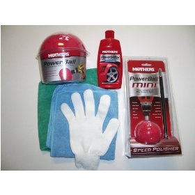 Show details of Mothers Powerball and Mothers 3" Mini Powerball plus one Power Metal Polish and Two Bonus Microfiber Towels and One Microfiber Detailing Glove.