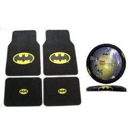 Show details of Batman Auto Accessories Interior Kit - Front & Rear Floor Mats, Steering Wheel Cover & Decal Set.