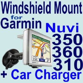 Show details of Car Mounting Kit Vehicle Windshield / Suction CUP Mount for Garmin Nuvi 300, 310, 350, 360 GPS + Car Charger.