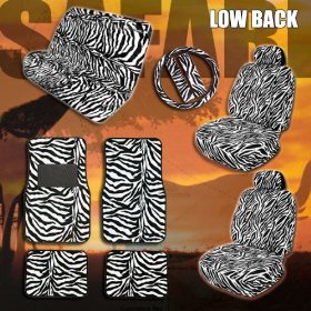 Show details of Complete Safari Zebra Low Back Car Mats Seat Covers Steering Wheel Cover Set.