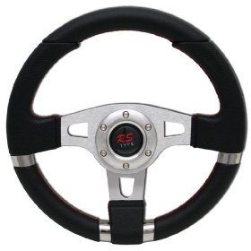 Show details of UNIVERSAL 320mm STEERING WHEEL STAINLESS SPOKES RED STITCHES.