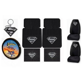 Show details of Silver SUPERMAN 9pc Combo Set Front & Rear Floor Mats, Seat Covers, Steering Wheel Cover & Keychain Plus Bonus Matching Decal.