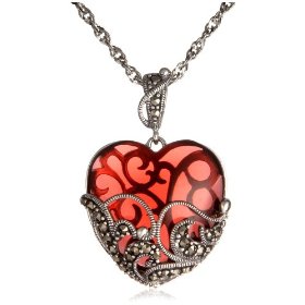 Show details of Sterling Silver Marcasite & Garnet Glass Heart Pendant, 18".
