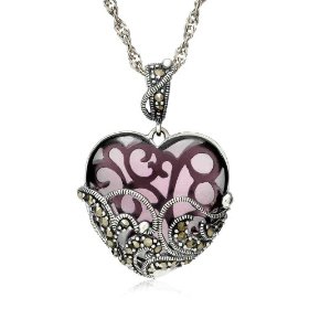 Show details of Sterling Silver Marcasite Amethyst-Color Glass Heart Pendant, 18".