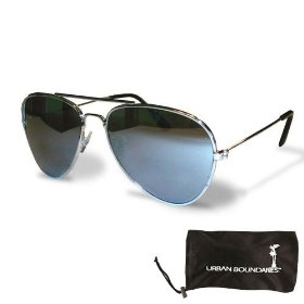 Show details of UB Silver Frame & Mirrored Lens Aviator with Drawstring Sunglass Pouch.