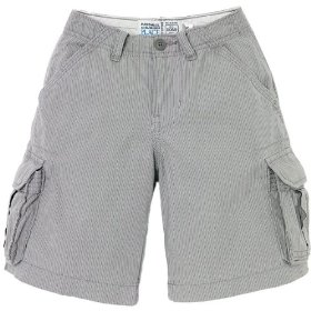 Show details of striped cargo shorts.