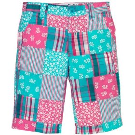 Show details of patchwork plaid bermuda shorts.