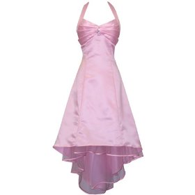 Show details of Satin Halter Dress Tulle Mini Train Prom Bridesmaid.