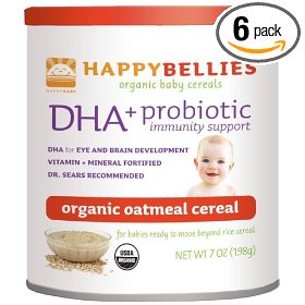 Show details of HAPPYBELLIES Oatmeal Cereal, Organic, Contains DHA and Probiotics, 7-Ounce Containers (Pack of 6).