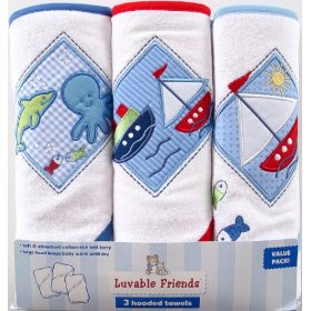 Show details of Luvable Friends 3-Pack Patches Hooded Towels, Blue.