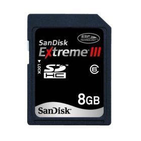 Show details of Sandisk 8GB EXTREME III SDHC SD Card Class 6 (SDSDX3-008G, Static Pack).