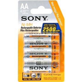 Show details of Sony 2500 mAh AA Rechargeable Nimh Batteries, 4-pack.