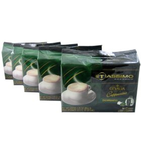 Show details of Tassimo T-Disk: Gevalia Cappuccino Decaf. T-Disc Pods (Case of 5 packages; 80 T-Discs Total).