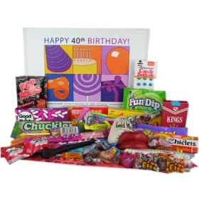 Show details of 40th Birthday Gift Basket Box of Retro Candy.