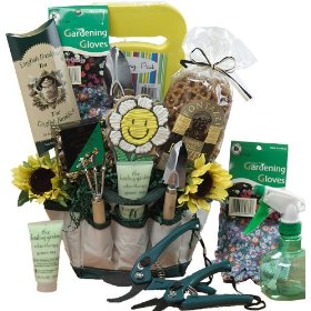 Show details of Garden Lovers Gift Tote of Tools and Treats Gift Basket.