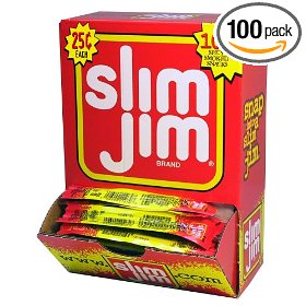 Show details of Slim Jim Meat Sticks, Original, 0.28-Ounce Sticks (Pack of 100).