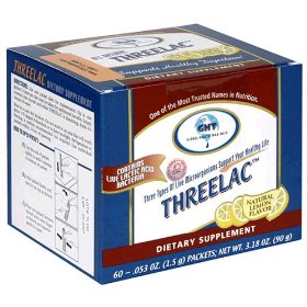 Show details of Threelac Probiotic Dietary Supplement, Natural Lemon Flavor, .053-Ounce Packets (Pack of 60).