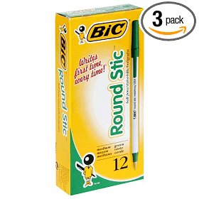 Show details of BIC Round Stic Medium Ball Pen - Green, Case of Three - 12 Count Boxes (36 Pens).