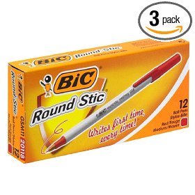 Show details of BIC Round Stic Medium Ball Pen - Red, Case of Three - 12 Count Boxes (36 Pens).