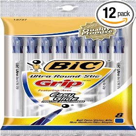 Show details of BIC Round Stic Grip Ultra Medium Ball Pen - Blue, Twelve - 8 Count Packs +2  (96 Pens).