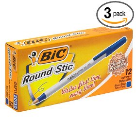 Show details of BIC Round Stic Fine Ball Pen - Blue, Case of Three - 12 Count Boxes (36 Pens).