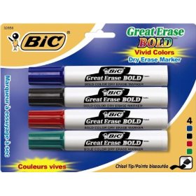 Show details of BIC Great Erase Bold Dry Erase Marker - Assorted, 4-Count.