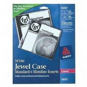 Show details of Avery 5693 CD/DVD White Matte Jewel Case Inserts for Laser Printers, 20/pack.