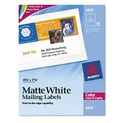 Show details of Avery Color Printing 4 3/4 x 7 3/4 Inch White Labels 50 Count (6876).