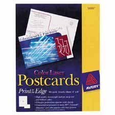 Show details of Avery 5889 Color Laser Postcards, 4 x6, White, 2 Cards per Sheet, 80/pack.