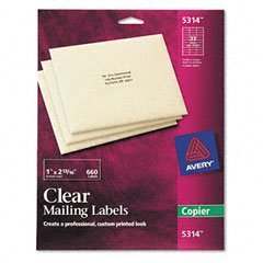 Show details of Avery 5314 Self-adhesive address labels for copiers, clear, 1 x 2-13/16, 660 labels/pack.