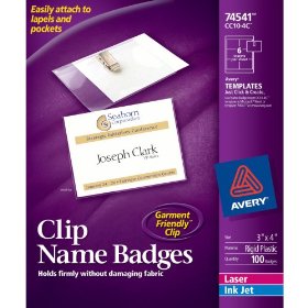 Show details of Avery Garment Friendly Side-Loading Clip Style Name Badges, 3 x 4 Inches, White, Box of 100 (74541).